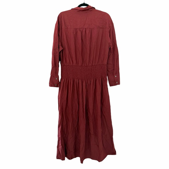 NWT FUTURE COLLECTIVE Collared Long Sleeve Smocked Burgundy Midi Shirtdress Sz L - Picture 3 of 5